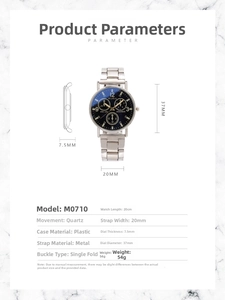 Detailed specifications for silver steel strap men's watch with blue dial and dimensions