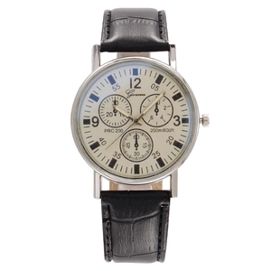 Men's fashion watch with beige dial, black leather strap and triple sub-dial quartz movement