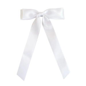 Close-up of double-layered white satin ribbon hair clip with elegant long streamers
