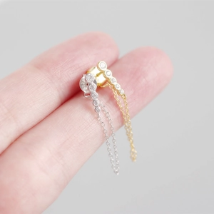 Detailed close-up showing S925 hallmark on gold and silver zircon chain tassel earrings