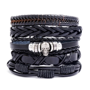 Woven Multi-layer Men's Bracelets Cowhide Leather PU Wax Cord Alloy Hemp Rope Retro Punk Skull Charm Adjustable
