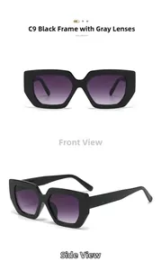 Macro detail of large square black frame sunglasses with gradient grey lenses