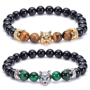 Natural Tiger Eye Stone Agate Beaded Bracelet Wolf Head Crown Copper Zircon Inlaid Jewelry For Men Unisex Fashion Trendy
