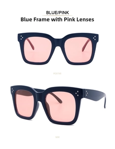 Detailansicht der quadratischen blauen Sonnenbrille mit rosa Gläsern und Nieten