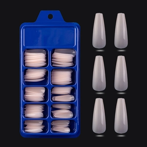 Detail of 10-grid blue storage box with translucent coffin press-on nail samples