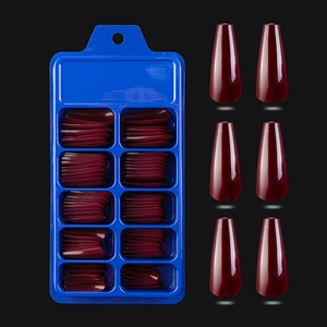 Detail of 200pcs burgundy glossy coffin press-on nails in a blue 10-slot storage box