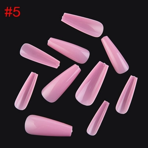 Detailed view of 10-piece translucent nude pink long coffin press-on nail set with size numbers
