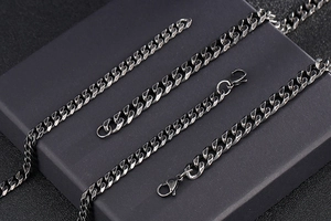 Detailed view of vintage 304 stainless steel Cuban link necklace and bracelet set