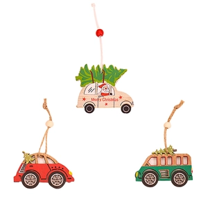 Three-piece set of wooden Christmas car ornaments with miniature trees for festive decoration