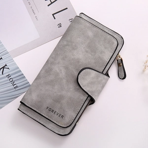 Elegant dark grey long trifold faux suede wallet with snap closure and zipper pocket