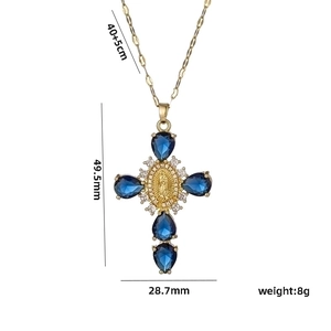 Detailed dimensions of the gold cross necklace with blue zircons and Virgin Mary relief