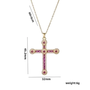 Hip hop gold cross necklace with purple stones and size dimensions 45x32mm