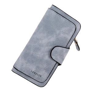 Portafoglio lungo da donna in pelle opaca con chiusura a scatto e zip in blu nebbia