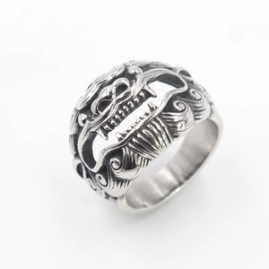 Vintage silver stainless steel punk ring featuring a detailed dragon head and scales