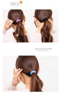 Showcase of purple, black, and blue elastic hair bands on model for daily hair styling