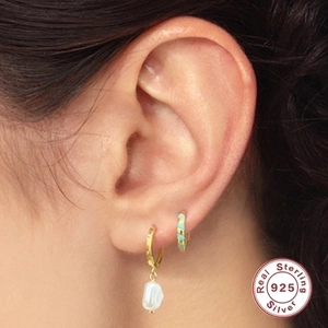 Elegance 925 sterling silver hoop earrings set featuring baroque pearl and turquoise accent