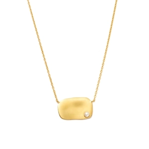 Close-up of gold S925 sterling silver rectangle pendant with baroque pearl and O-chain