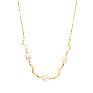 Detail of gold chain necklace with three baroque pearls showing textured metal links