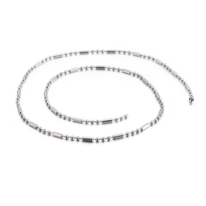 Polished silver stainless steel bead and barrel chain necklace in spiral layout