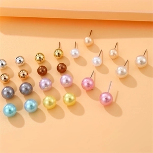 Colorful pearl stud earrings set featuring 11 pairs of round metallic and pearlescent finishes