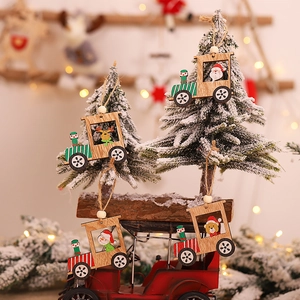 Set of four wooden Christmas train ornaments featuring Santa, reindeer, and snowman