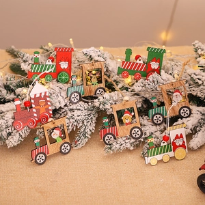 Christmas Painted Wooden Train Ornaments Santa Claus Snowman Reindeer Gingerbread Man Hanging Pendants For Tree Home Decor