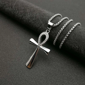 Silver stainless steel Ankh key pendant necklace with crystals and box chain