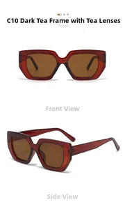 Detail view of large square oversized sunglasses in translucent dark tea color frame