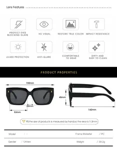 Detailed size chart for square frame sunglasses with frame width and lens height dimensions