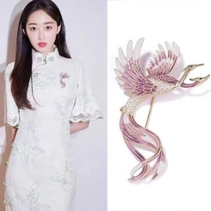 Vintage phoenix enamel brooch pin with purple crystals for suits and cheongsam dresses
