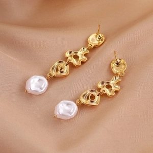 French Vintage Irregular Water Ripple Artificial Baroque Pearl Drop Earrings Copper Plated Gold For Women