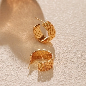 French woven C-shape earrings in 18K gold plated copper with elegant texture design