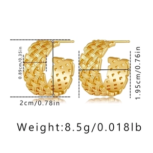 French woven C-shaped 18K gold plated earrings with detailed size dimensions