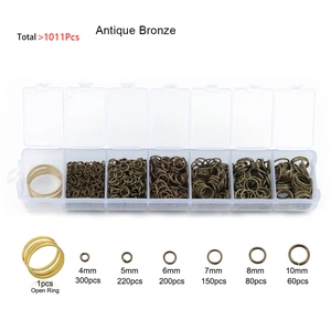 Detail view of Antique Bronze jump rings set in storage box with sizing and quantities