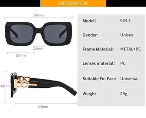 Detailed size chart for vintage square frame sunglasses with gold chain temple accents