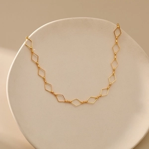 Minimalist Geometric Rhombus Link Choker Necklace 18K Gold Plated Copper Hollow Design Chic Jewelry For Women