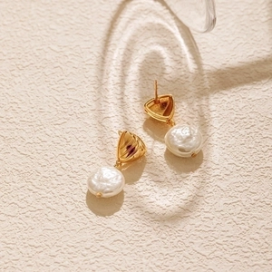 French style gold plated geometric pearl earrings featuring shell design and white pearl