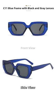Front and side view of oversized square blue resin sunglasses with black grey lenses