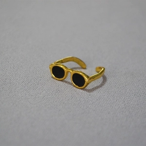 Creative Sunglasses Shape Brass Gold Plated Enamel Adjustable Open Ring For Women Personalized Fashion Index Finger Ring