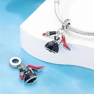 Silver charm bead with black dress, red lipstick, and high heels charms for bracelets