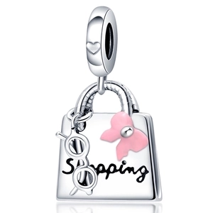 Silver shopping bag charm with pink bow and sunglasses detail for jewelry bracelets