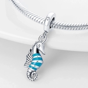 Silver seahorse charm with blue enamel on snake chain necklace for DIY jewelry