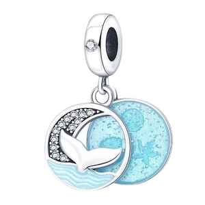 Blue ocean dolphin whale tail charm bead with clear cubic zirconia in 925 silver finish