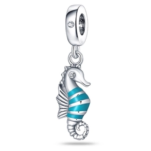 Detailed view of silver seahorse charm with blue enamel stripes and crystal accents