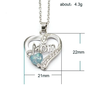 Silver-plated heart opal necklace with Mom lettering and dimensions showing 21x22mm