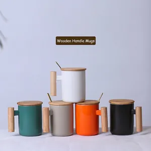 Nordic Ceramic Mug With Wooden Handle Wood Lid And Spoon Geometric Matte Coffee Cup Minimalist Home Office Gift