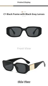 Détail de lunettes de soleil rectangulaires noires avec accents en métal doré chic