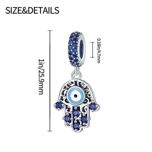 Detailed size chart of Hamsa Hand and Evil Eye pendant with 25.9mm length measurements