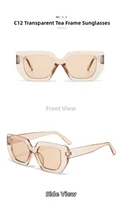 Macro detail of translucent tea brown square sunglasses frame with unique hexagonal edge