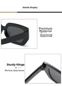 Close-up of black square sunglasses showing durable metal hinge and frame texture